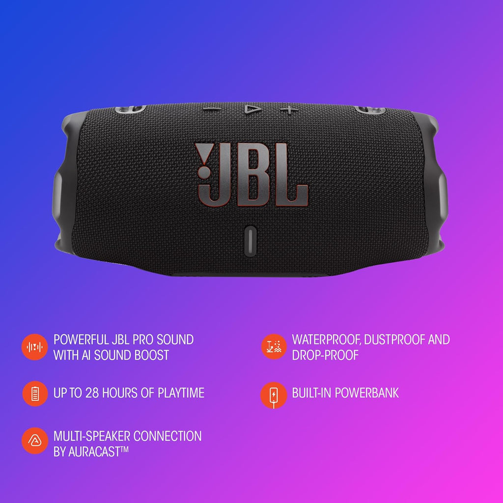 Charge 6 - Portable Waterproof & Drop-Proof Bluetooth Speaker, Bold Pro Sound with AI Sound Boost, 28Hrs of Playtime, Built-In Powerbank & Comes with a Sturdy/Removable Carrying Strap (Black)