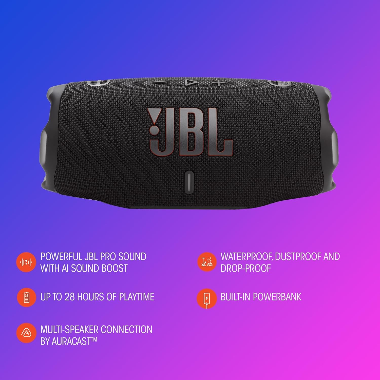 Charge 6 - Portable Waterproof & Drop-Proof Bluetooth Speaker, Bold Pro Sound with AI Sound Boost, 28Hrs of Playtime, Built-In Powerbank & Comes with a Sturdy/Removable Carrying Strap (Black)