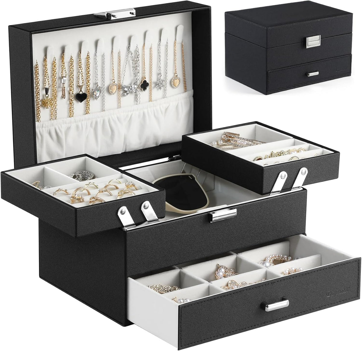 Jewelry Organizer Box, Large Jewellery Boxes for Women Girls, Space-Saving 3 Layers Jewelry Storage Case with Drawer, Movable Metal Stand, Modern, Gift Idea (Black)