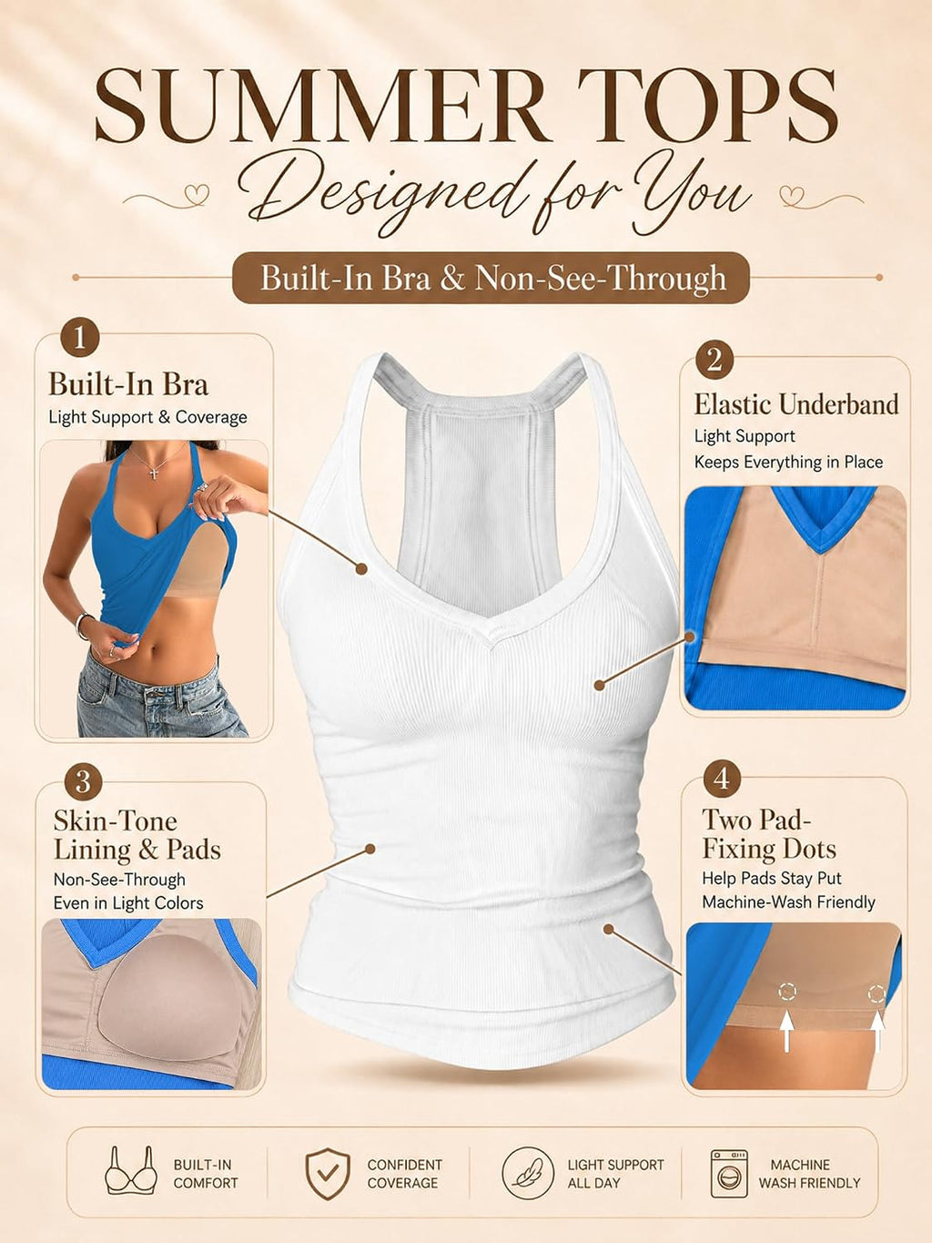 V Neck Cotton Tank Tops with Built-In Shelf Bra Sleeveless Racerback Fitted Basic Cami Shirts