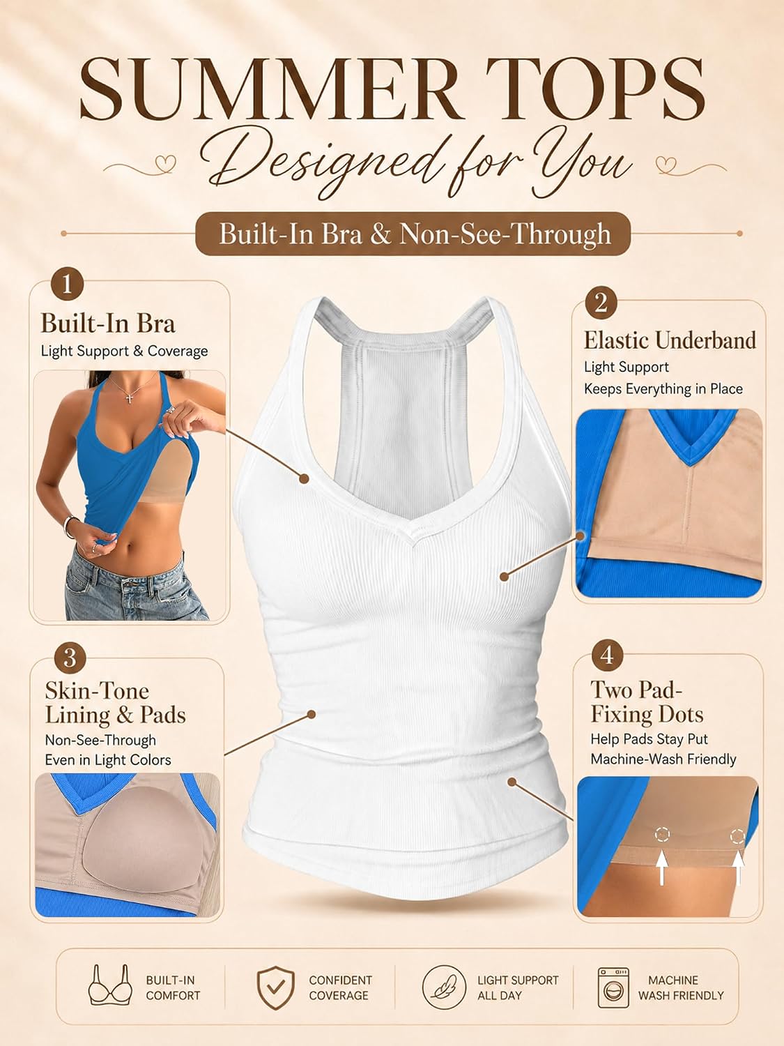 V Neck Cotton Tank Tops with Built-In Shelf Bra Sleeveless Racerback Fitted Basic Cami Shirts
