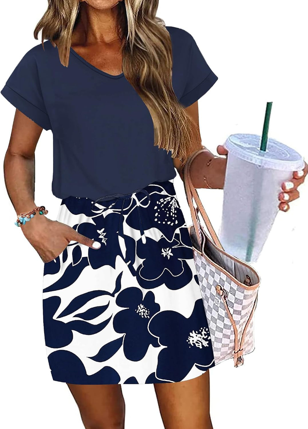 Women Summer Dress 2026 Causal Short Sleeve Sundress V Neck Drawstring Waist Beach Cover up Mini Dresses with Pockets