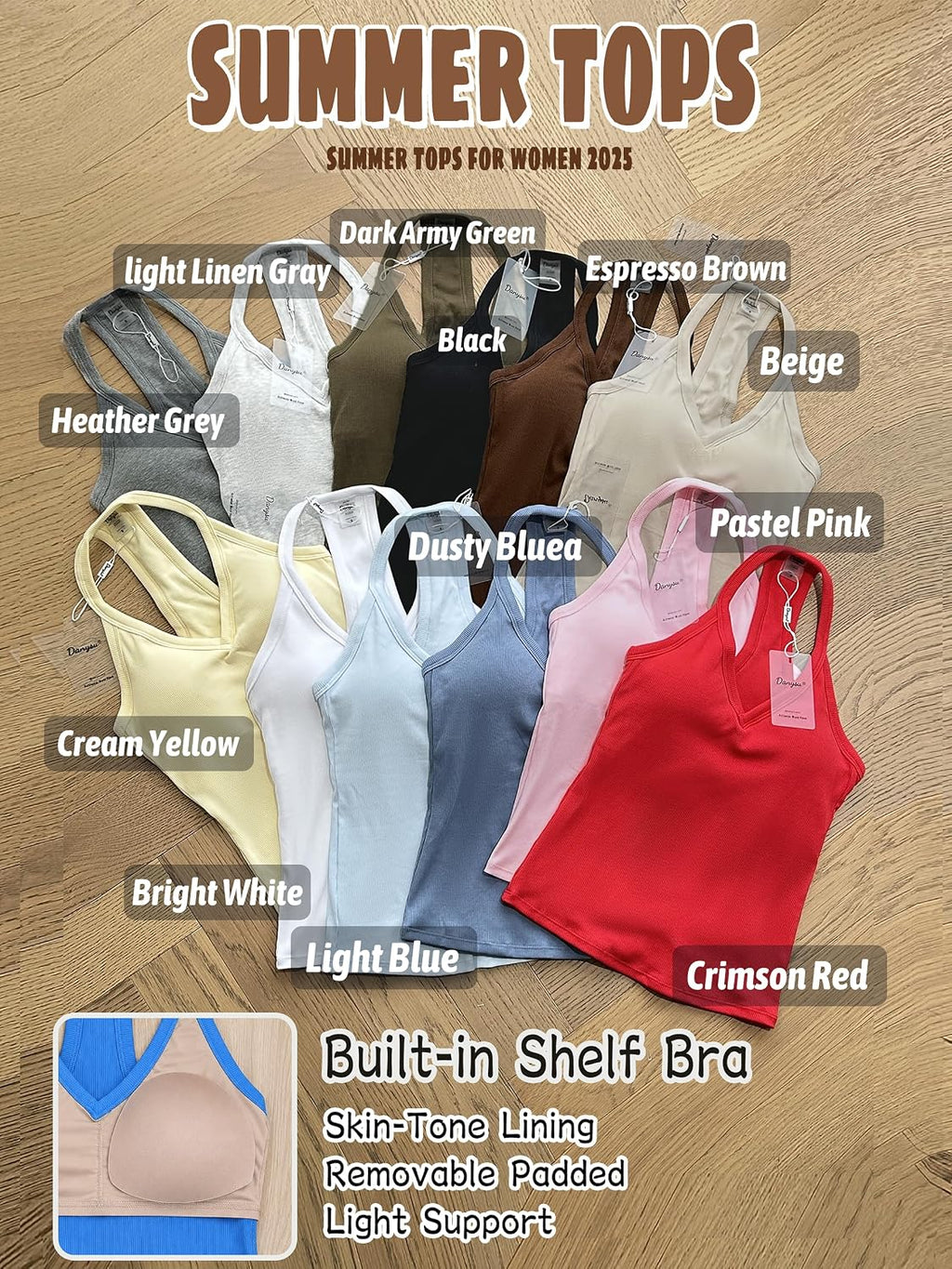 V Neck Cotton Tank Tops with Built-In Shelf Bra Sleeveless Racerback Fitted Basic Cami Shirts
