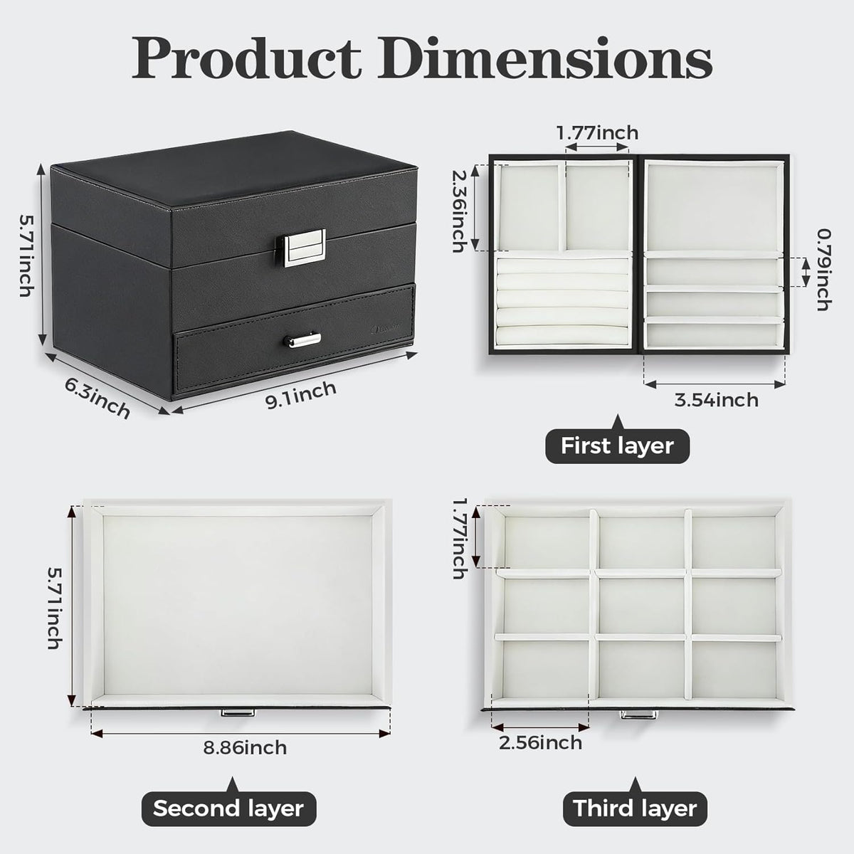 Jewelry Organizer Box, Large Jewellery Boxes for Women Girls, Space-Saving 3 Layers Jewelry Storage Case with Drawer, Movable Metal Stand, Modern, Gift Idea (Black)