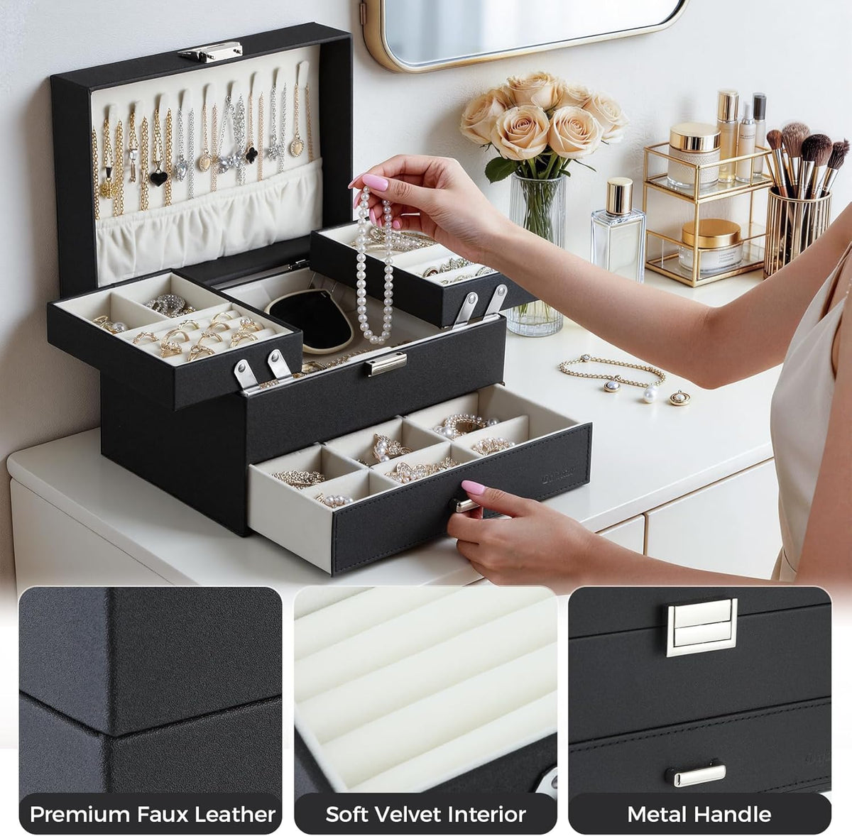 Jewelry Organizer Box, Large Jewellery Boxes for Women Girls, Space-Saving 3 Layers Jewelry Storage Case with Drawer, Movable Metal Stand, Modern, Gift Idea (Black)